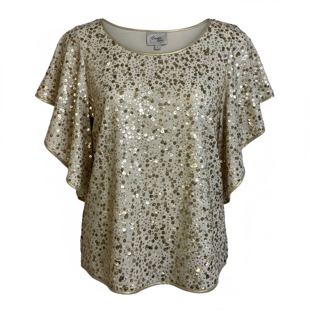 NWT Beige by ECI Women's Gold Sequin Flutter Sleeve Top Size Small Eveningwear